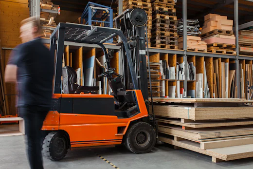 Yellow forklift truck in warehouse